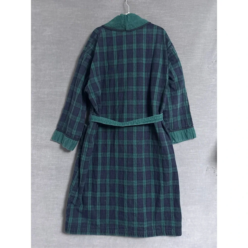 The Vermont Country Store Robe XL Green Blue Plaid Cotton Flannel Belted HEAVY